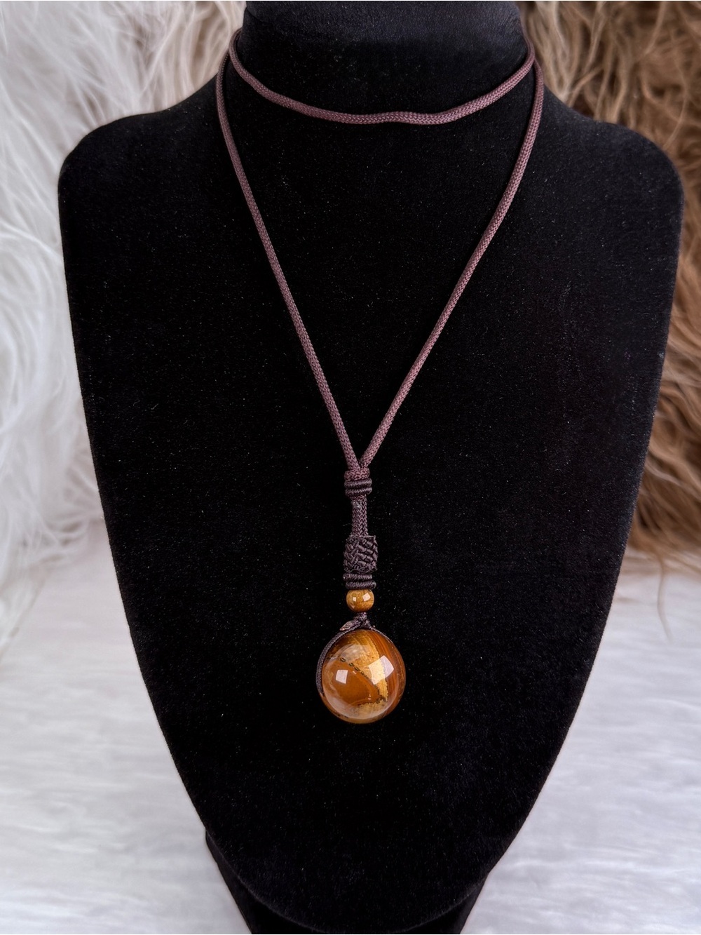 Vintage Tiger's Eye Sphere Pendant Cord Necklace